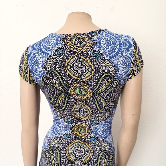 [Cache] Blue Brown Faux Wrap V-Neck Paisley Knot Waist Dress Work Size Small S - Picture 4 of 10